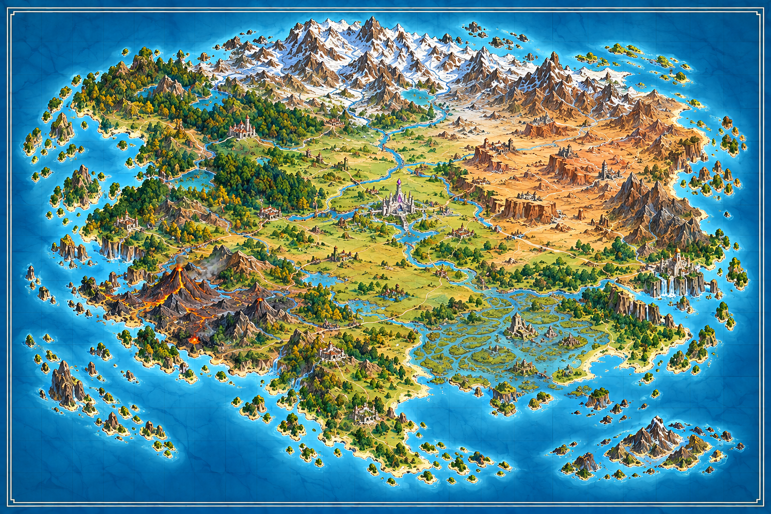 Approved painted topographic map of Avarun as one connected supercontinent, with forests in the west, northern mountains, an eastern dry region, a southern delta, volcanic southwest, and surrounding islands