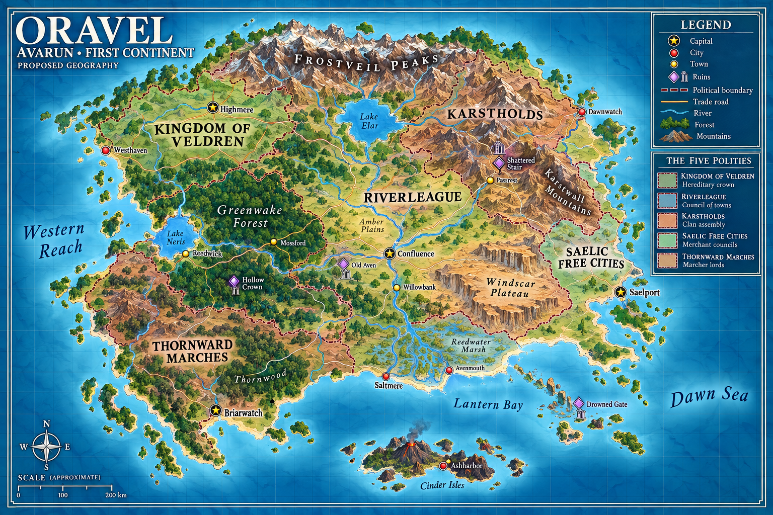 Full Oravel map showing all five political domains, settlements, rivers, lakes, forests, mountains, and ruins